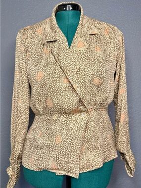 Anne Klein II 100% Silk Wrap Blouse Taupe Peach Print Size 12 Vintage